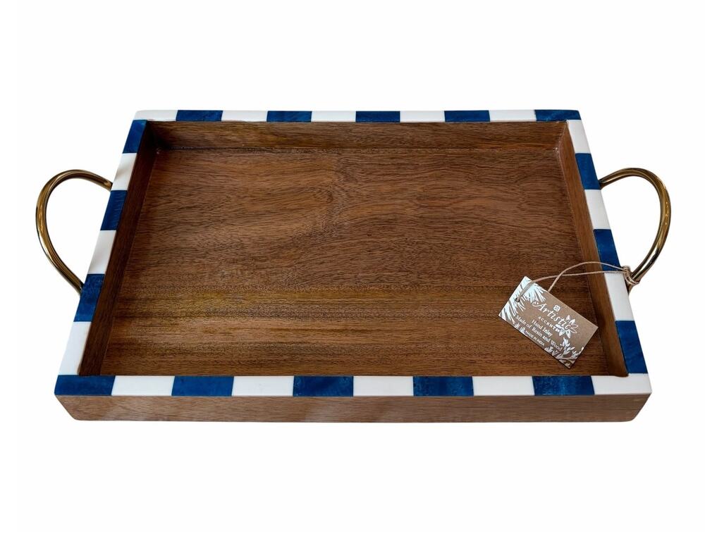 Blue & White Checkered Enameled Resin Wood Serving Tray 16x10 Made In India NEW